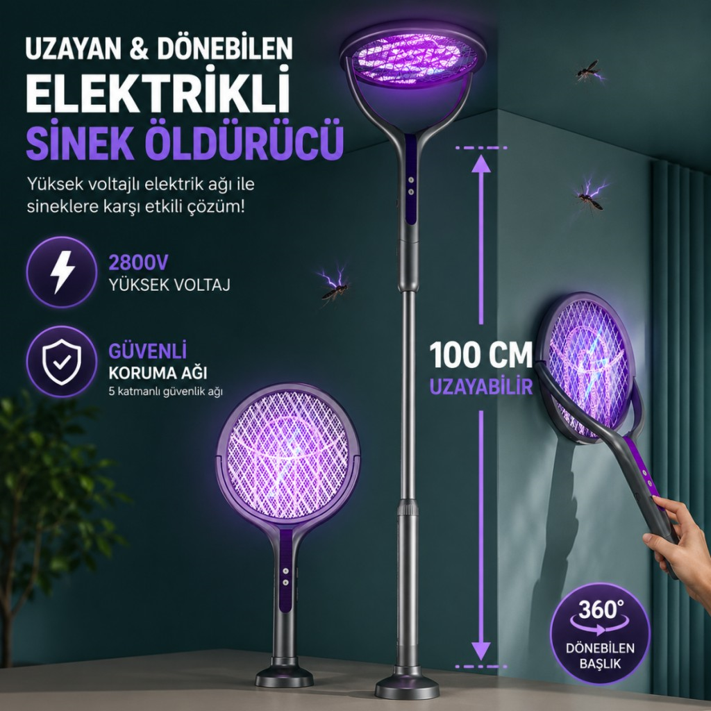 Polham 105 CM Uzatılabilir Elektrikli Sinek Öldürücü Raket, Şarjlı 2800V Yüksek Voltajlı, 360 Dönebilen Başlıklı Sinek Öldürücü