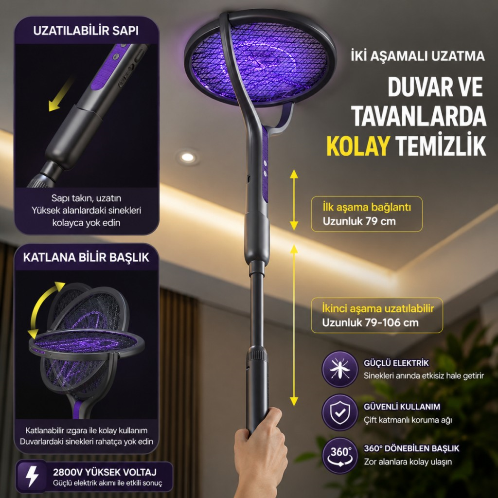Polham 105 CM Uzatılabilir Elektrikli Sinek Öldürücü Raket, Şarjlı 2800V Yüksek Voltajlı, 360 Dönebilen Başlıklı Sinek Öldürücü
