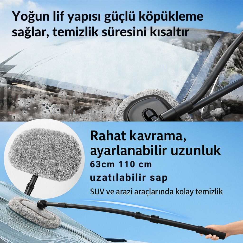 Polham 110CM Uzayabilen Teleskopik Saplı Kuru Islak Araç Temizleme Mopu, İz ve Çizik Bırakmaz Fırça