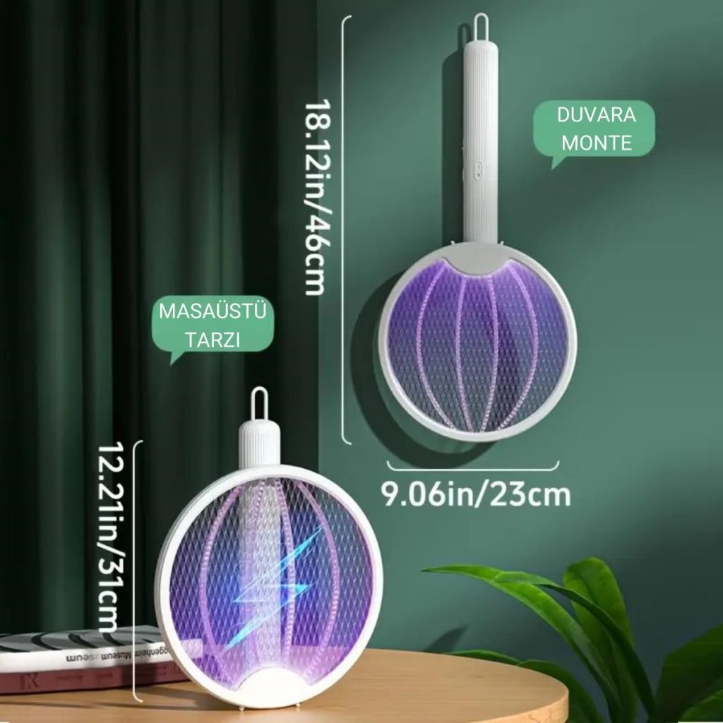 Polham 1200mAh Şarjlı 3000V Katlanabilir Ultra Güçlü Sinek ve Sivrisinek Öldürücü, 3in1 Askılı Standlı