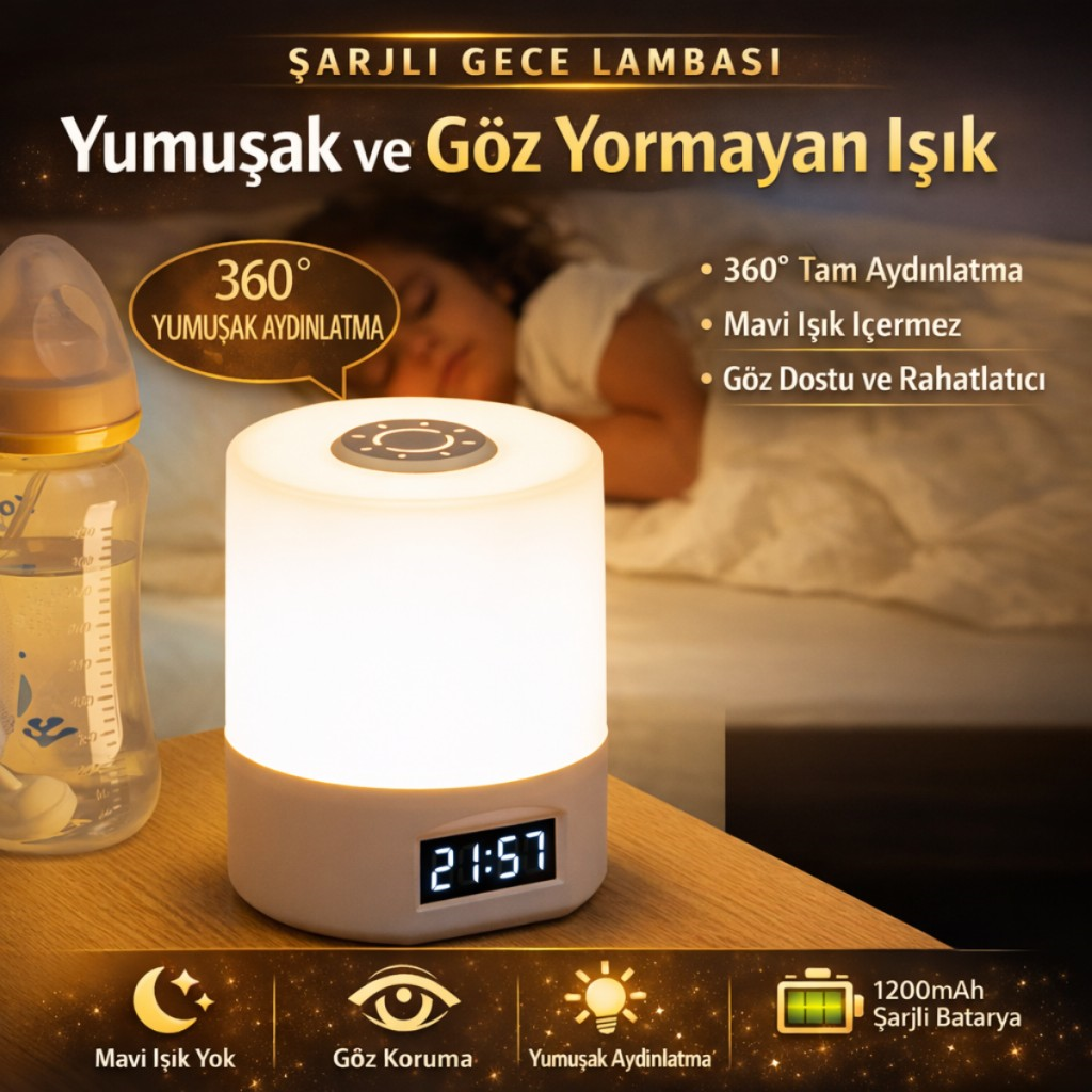 Polham 1200mAh Şarjlı Saatli Dokunmatik LED  Masa Lambası, 3 Işık Modlu,  Parlaklık Ayarlı Gece Lambası