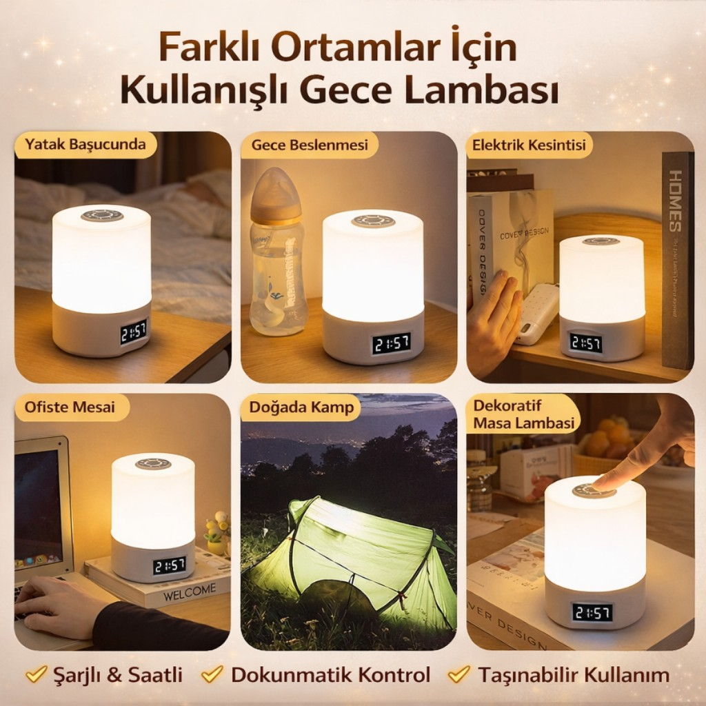 Polham 1200mAh Şarjlı Saatli Dokunmatik LED  Masa Lambası, 3 Işık Modlu,  Parlaklık Ayarlı Gece Lambası