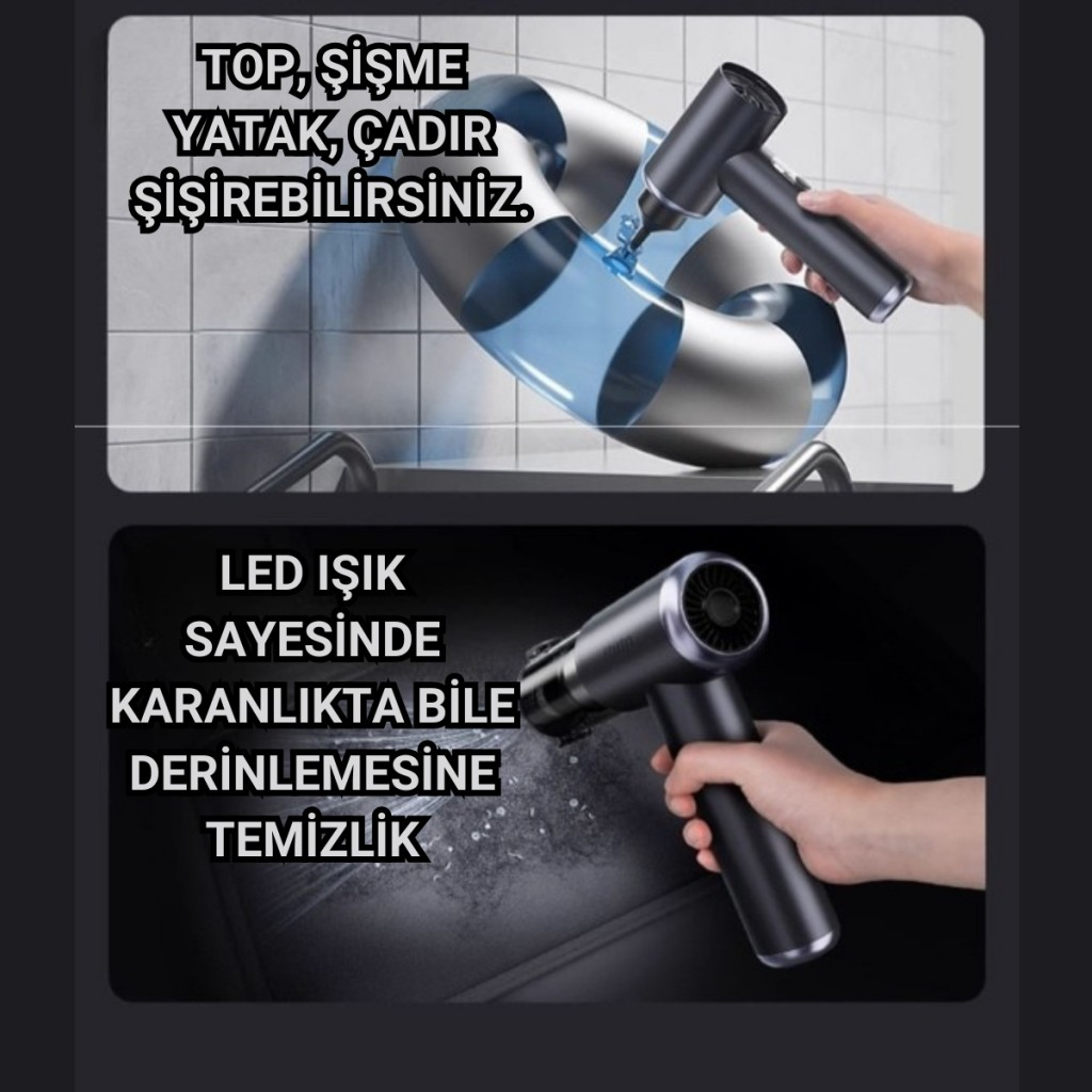 Polham 130W 20.000PA 7800Mah Şarjlı Profesyonel Araç Süpürgesi, Led Işıklı Oto Süpürge ve Üfleme Makinası