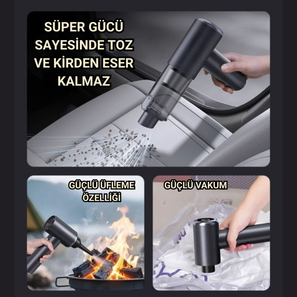 Polham 130W 20.000PA 7800Mah Şarjlı Profesyonel Araç Süpürgesi, Led Işıklı Oto Süpürge ve Üfleme Makinası