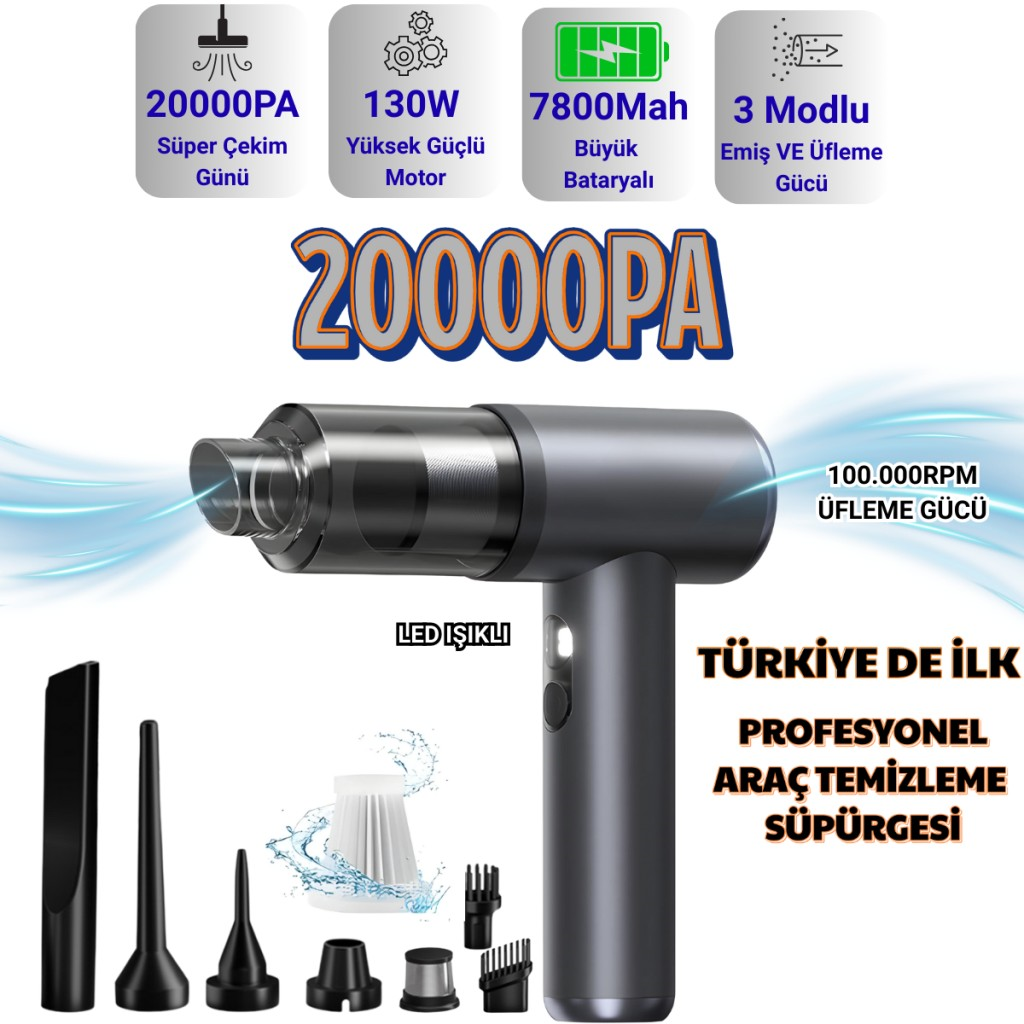Polham 130W 20.000PA 7800Mah Şarjlı Profesyonel Araç Süpürgesi, Led Işıklı Oto Süpürge ve Üfleme Makinası