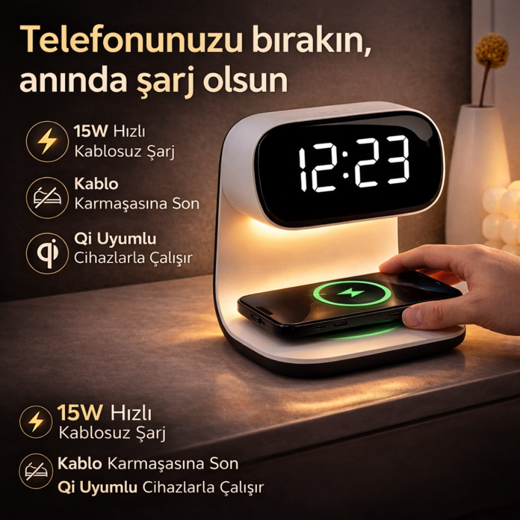Polham 15W Kablosuz Şarjlı LED Masa Lambası Saat | Alarm Özellikli Dijital Saat | Gece Lambası | LED Ekran