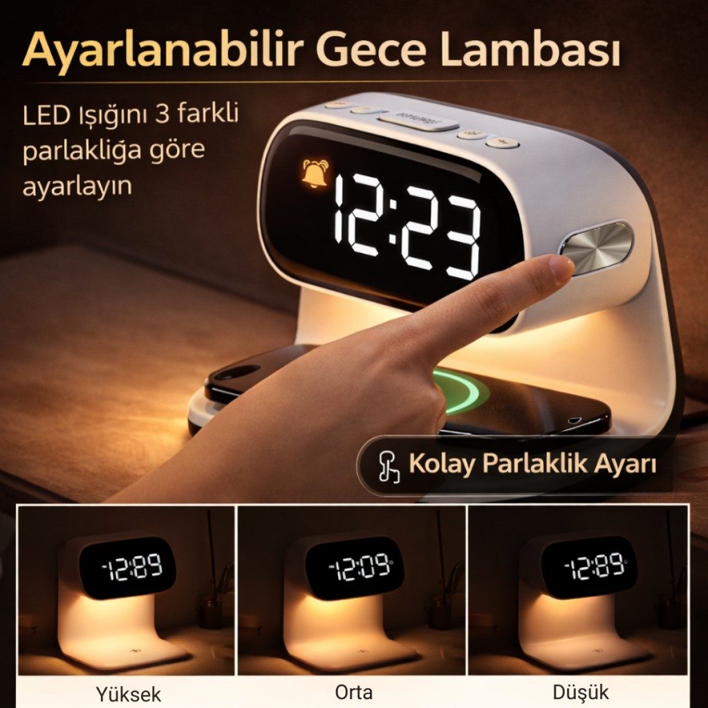 Polham 15W Kablosuz Şarjlı LED Masa Lambası Saat | Alarm Özellikli Dijital Saat | Gece Lambası | LED Ekran