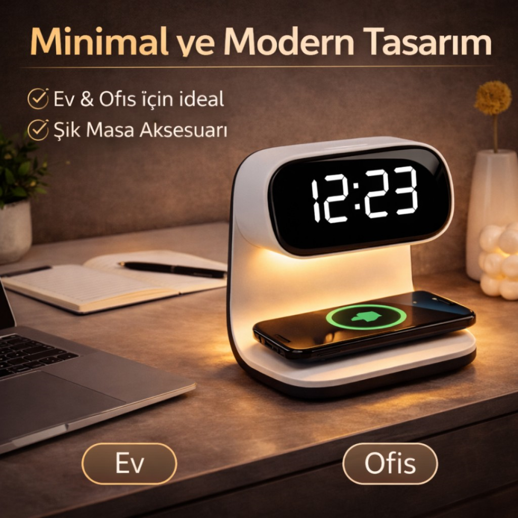 Polham 15W Kablosuz Şarjlı LED Masa Lambası Saat | Alarm Özellikli Dijital Saat | Gece Lambası | LED Ekran