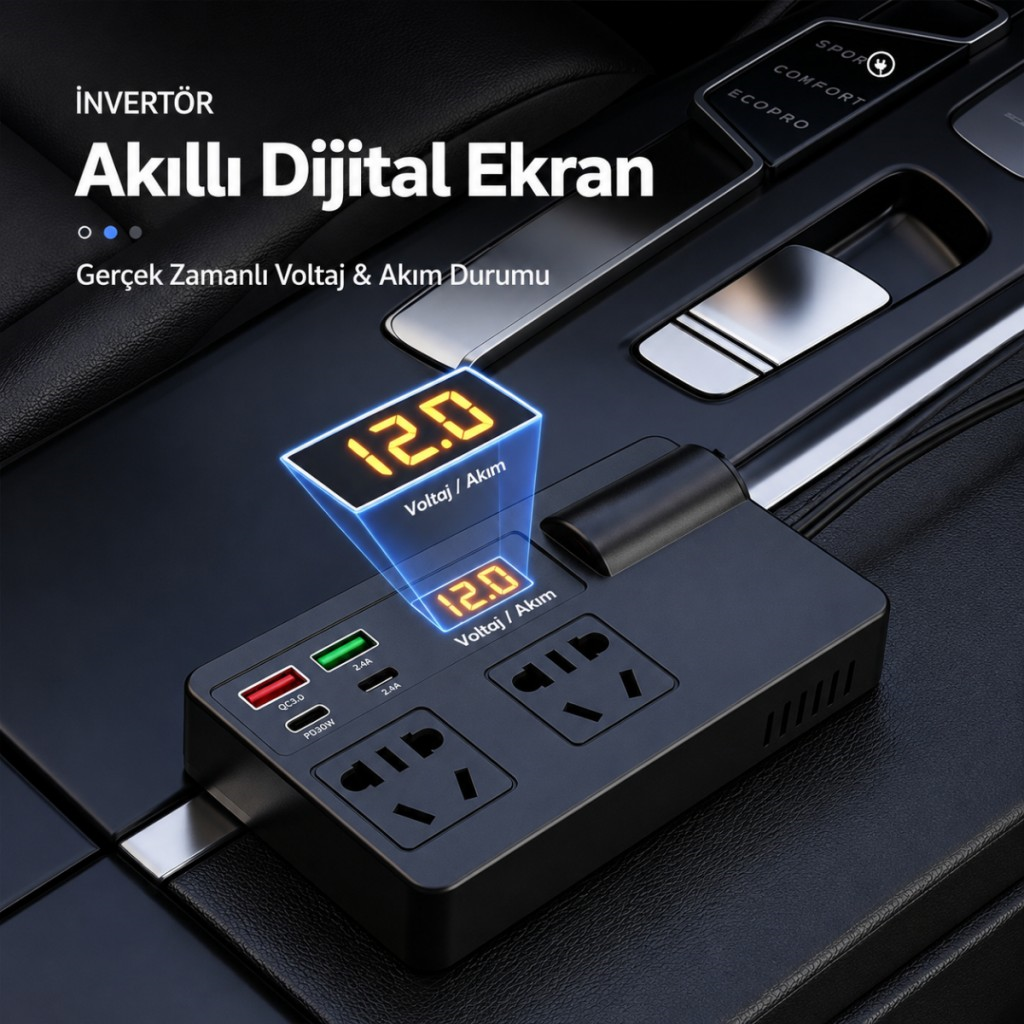 Polham 200W Araç İnvertörü 12V/24V → 220V | 2 Priz | 2x USB-C | 2x USB QC 3.0 | Dijital Ekranlı Şarj Güç Çoğaltıcı