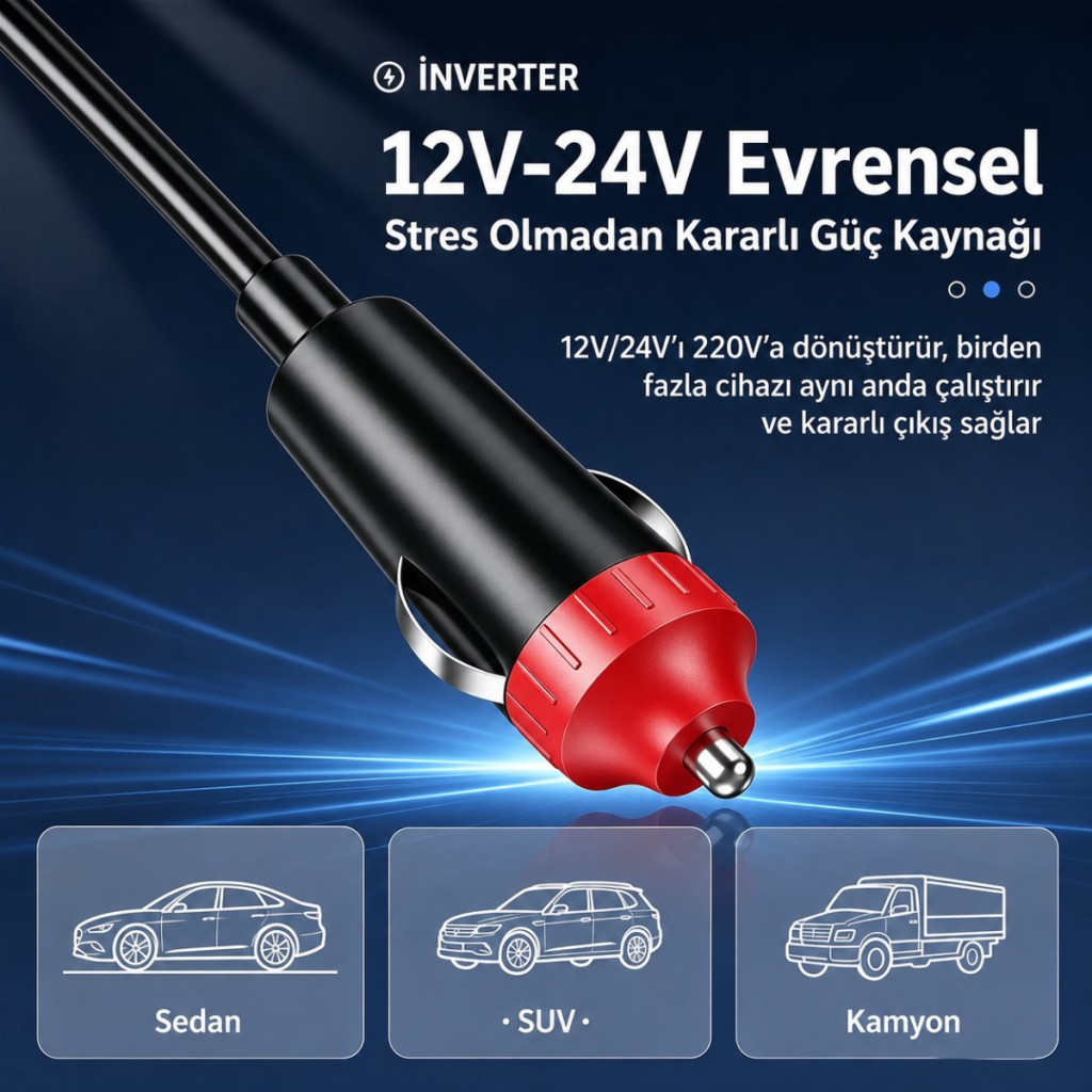 Polham 200W Araç İnvertörü 12V/24V → 220V | 2 Priz | 2x USB-C | 2x USB QC 3.0 | Dijital Ekranlı Şarj Güç Çoğaltıcı