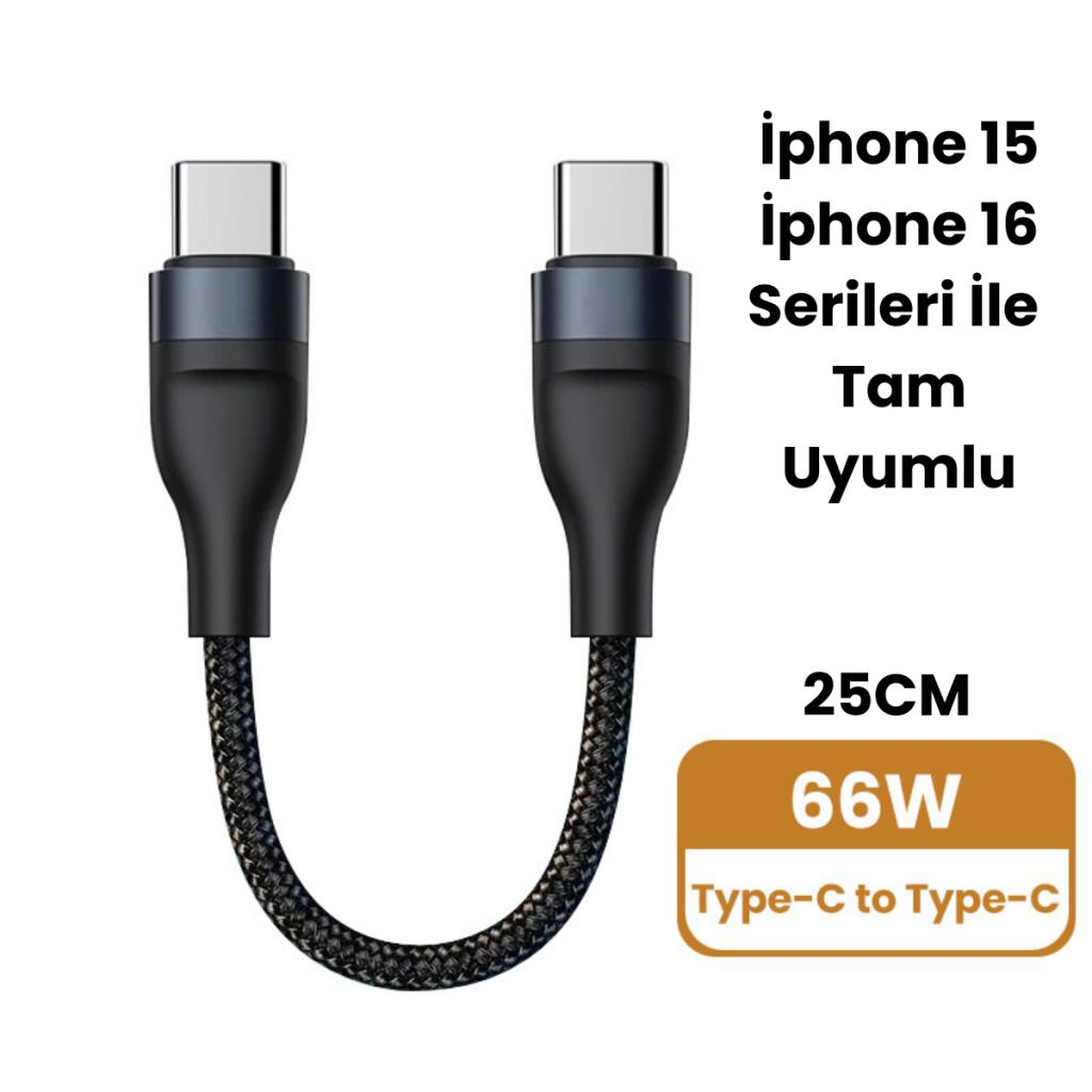 Polham 25CM 66W Süper Hızlı PD Type C to Type C Şarj Kablosu, Kısa Halat Örgülü Kopmaz Kırılmaz Kablo