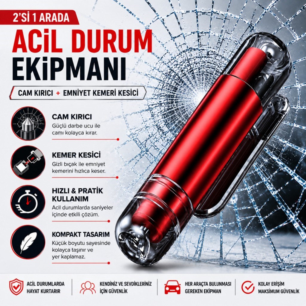 Polham 2in1 Arada Araç İçi Acil Durum Cam Kırıcı ve Emniyet Kemeri Kesici – Kompakt Oto Güvenlik ve Acil Çıkış Aparatı
