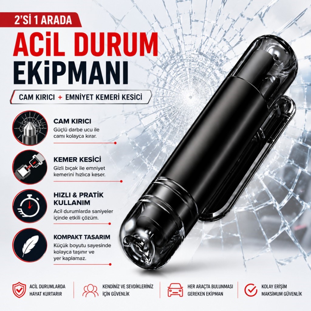 Polham 2in1 Arada Araç İçi Acil Durum Cam Kırıcı ve Emniyet Kemeri Kesici – Kompakt Oto Güvenlik ve Acil Çıkış Aparatı