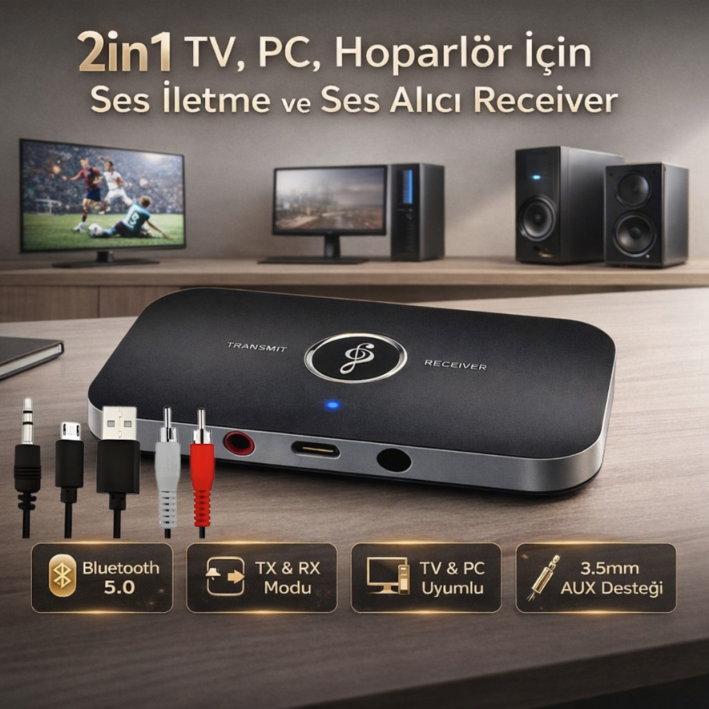 Polham 2in1 TV, PC, Hoparlör İçin Ses İletme ve Ses Alıcı Receiver Transmitter Adaptör, Bataryalı