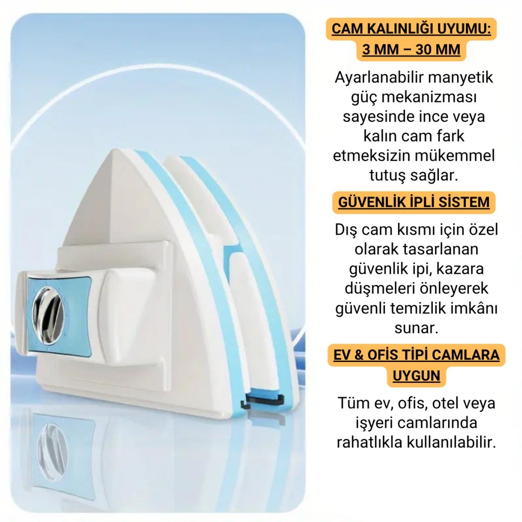 Polham 3-30 MM Çift Cam Uyumlu Ev ve Ofis Manyetik Cam Temizleyici, Çift Taraflı, Güvenli İpli Süper Etkili Cam Temizleyici