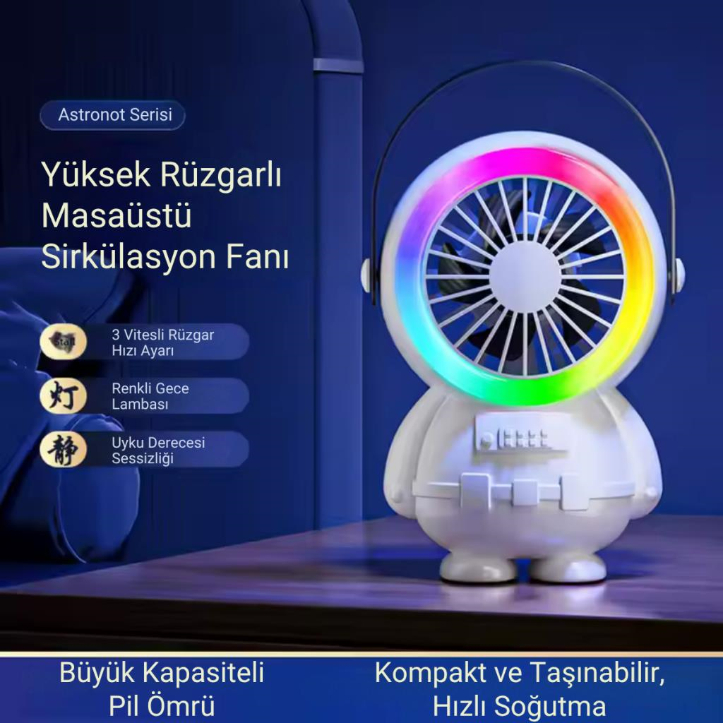 Polham 3 Kademeli Gece Lambalı 1500mAh Şarjlı Taşınabilir Serinletici Vantilatör Fan, Ultra Sessiz