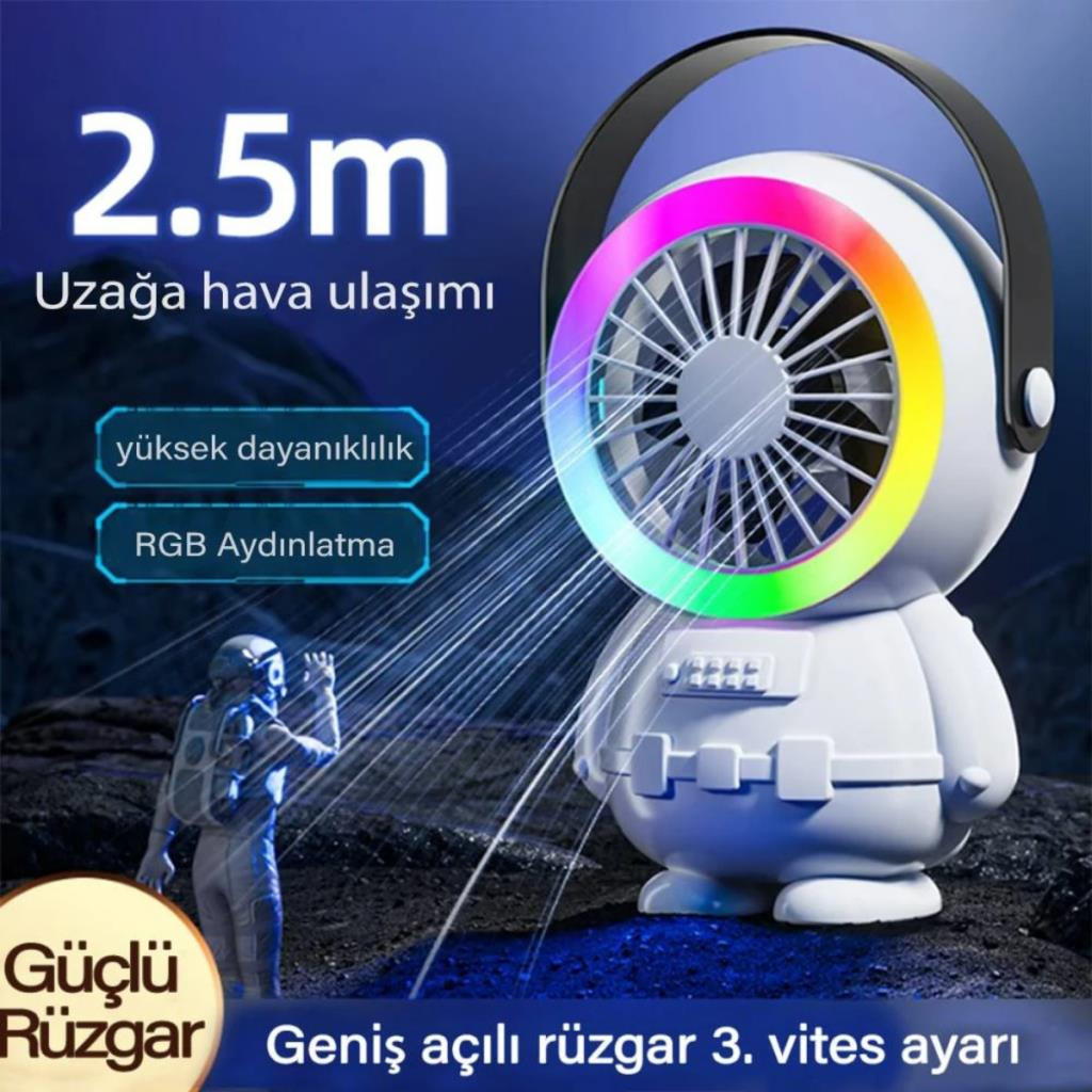 Polham 3 Kademeli Gece Lambalı 1500mAh Şarjlı Taşınabilir Serinletici Vantilatör Fan, Ultra Sessiz