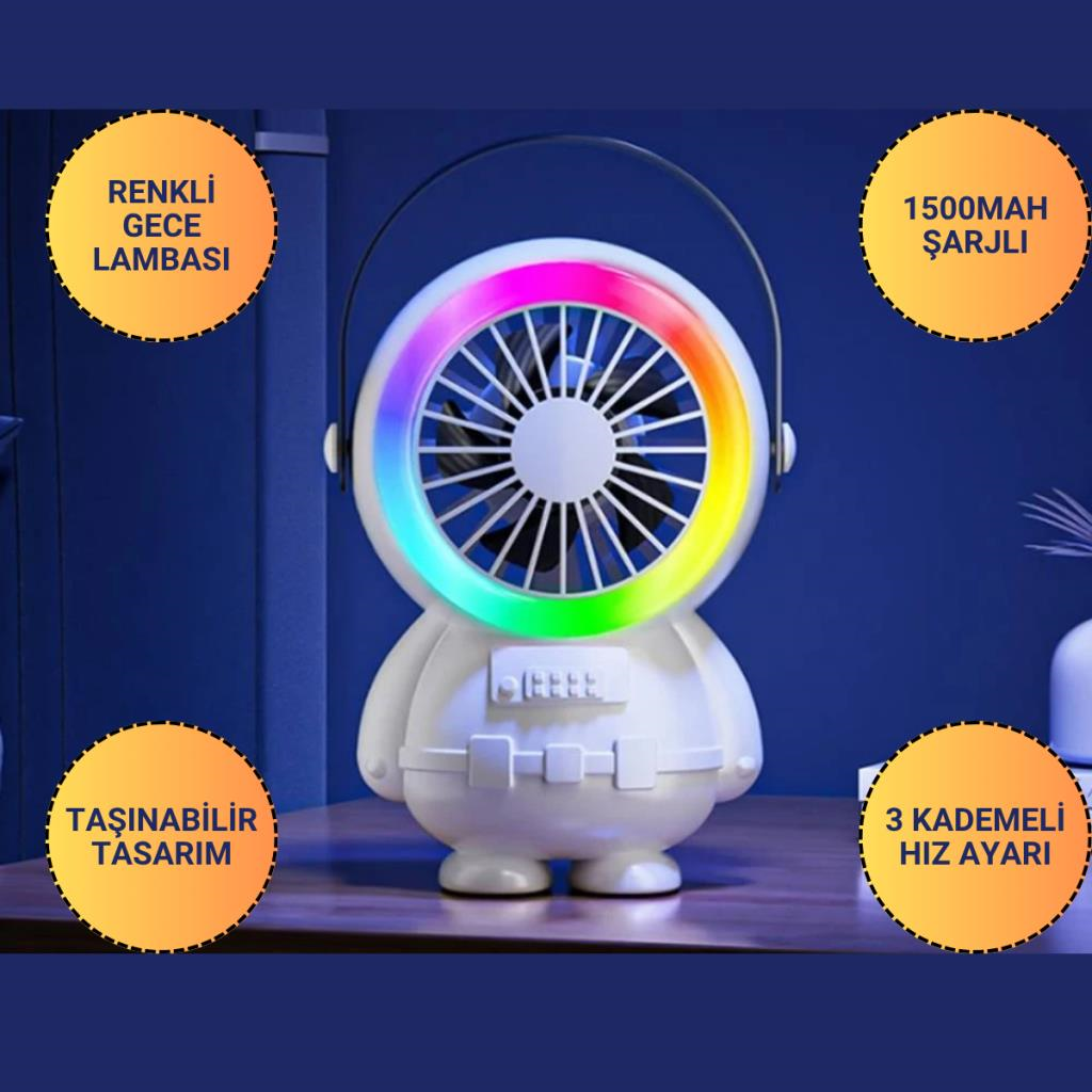 Polham 3 Kademeli Gece Lambalı 1500mAh Şarjlı Taşınabilir Serinletici Vantilatör Fan, Ultra Sessiz