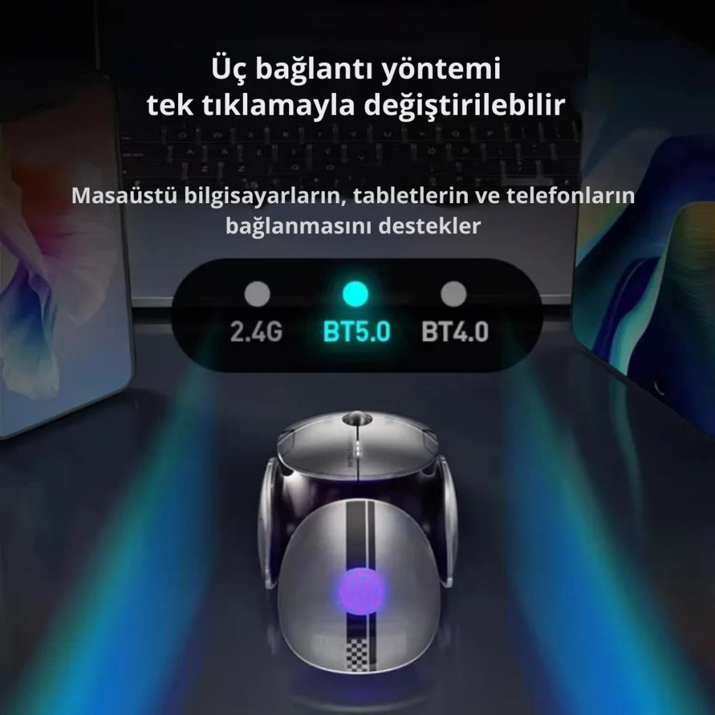 Polham 3 Modlu 300Mah Şarj Edilebilir RGB Işıklı 2400DRI Gaming Mouse, Ultra Sessiz,Gecikmesiz Mouse