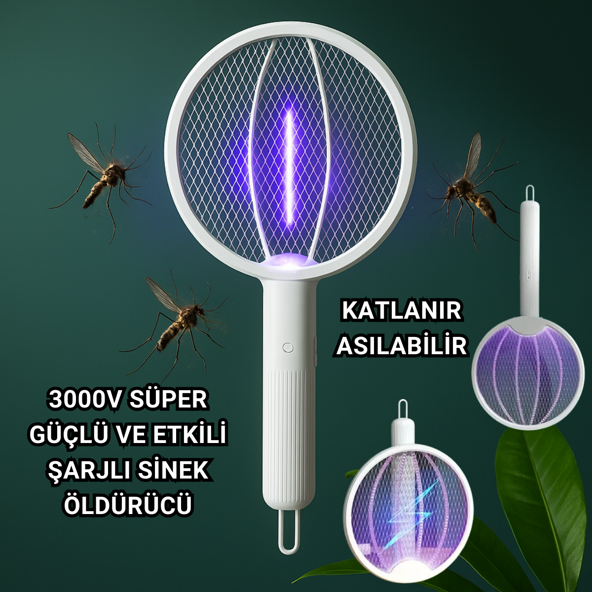 Polham 3000w Şarjlı Uv Işıklı Elektrikli Sivrisinek Kovucu Öldürücü Masaüstü El Tutmalı Katlanabilir