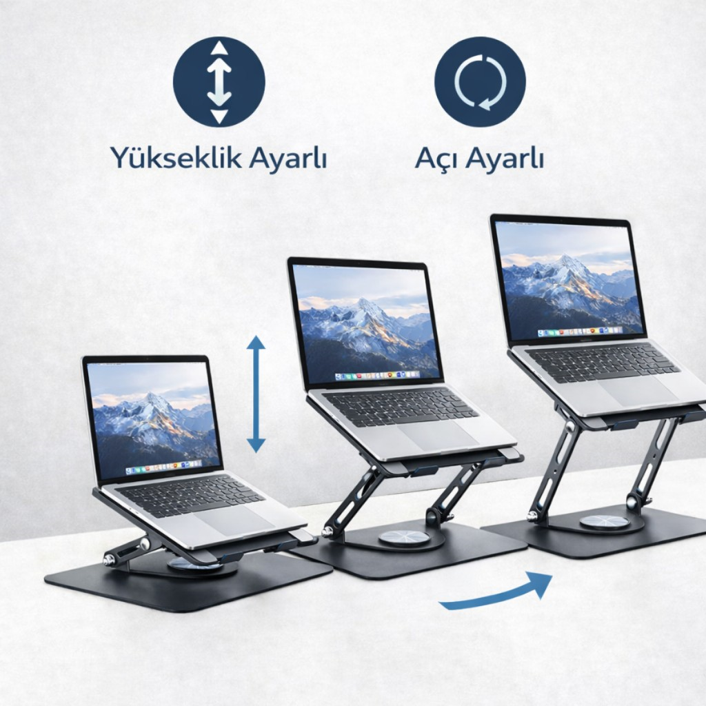 Polham 360 Dönebilen Full Metal Laptop Tablet Telefon Standı – Katlanabilir, Kaydırmaz, Yükseklik ve Açı Ayarlı Ergonomik Masaüstü Stand