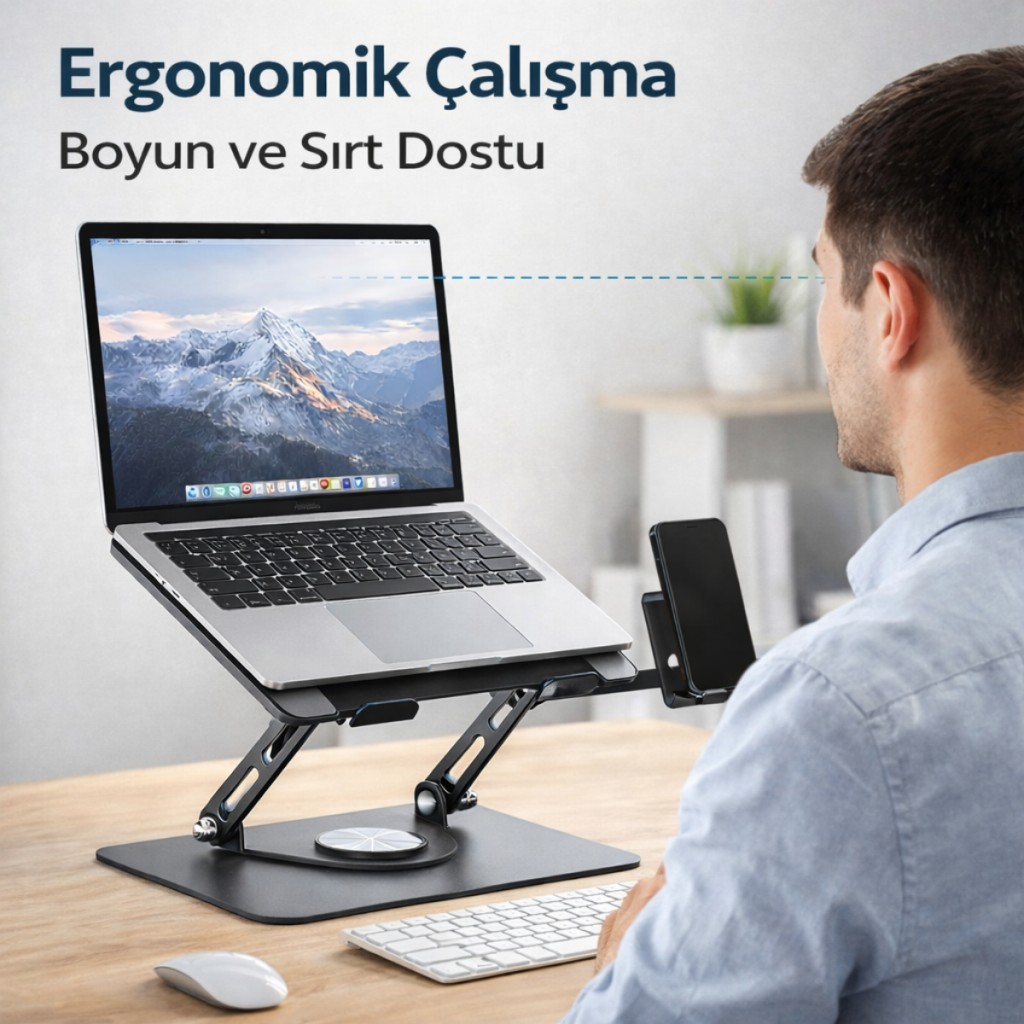 Polham 360 Dönebilen Full Metal Laptop Tablet Telefon Standı – Katlanabilir, Kaydırmaz, Yükseklik ve Açı Ayarlı Ergonomik Masaüstü Stand
