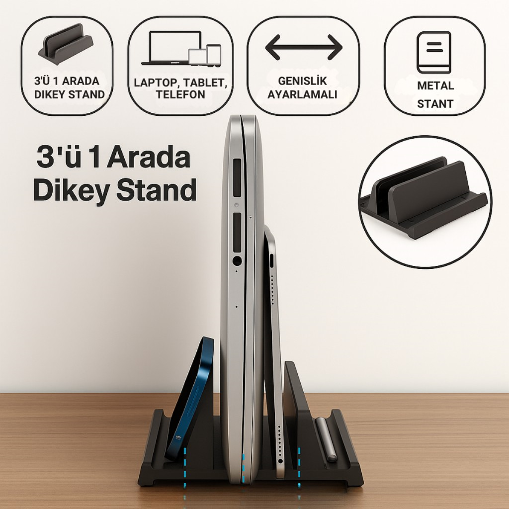 Polham 3in1 Arada Ayarlanabilir Metal Dikey Laptop Standı – Laptop, Tablet ve Telefon Tutucu,Ayarlanabilir Genişlikli