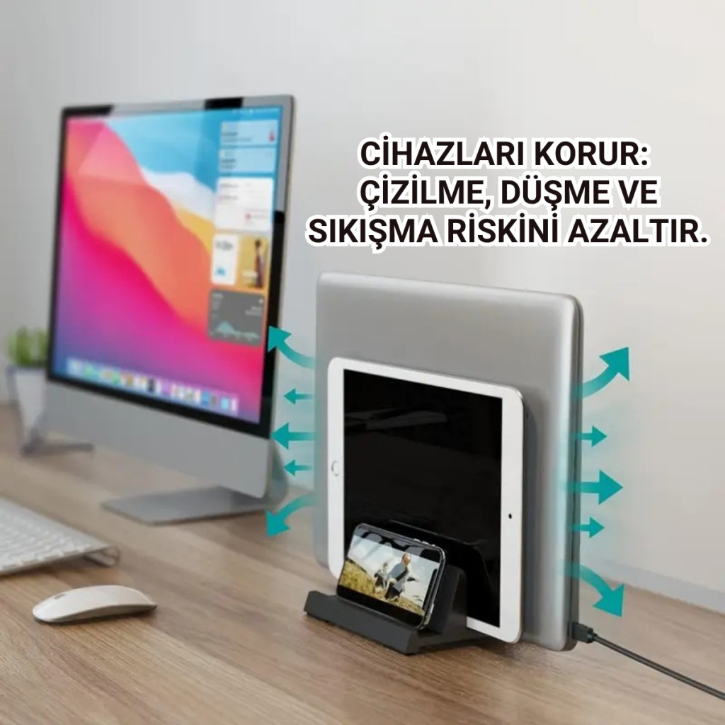 Polham 3in1 Arada Ayarlanabilir Metal Dikey Laptop Standı – Laptop, Tablet ve Telefon Tutucu,Ayarlanabilir Genişlikli
