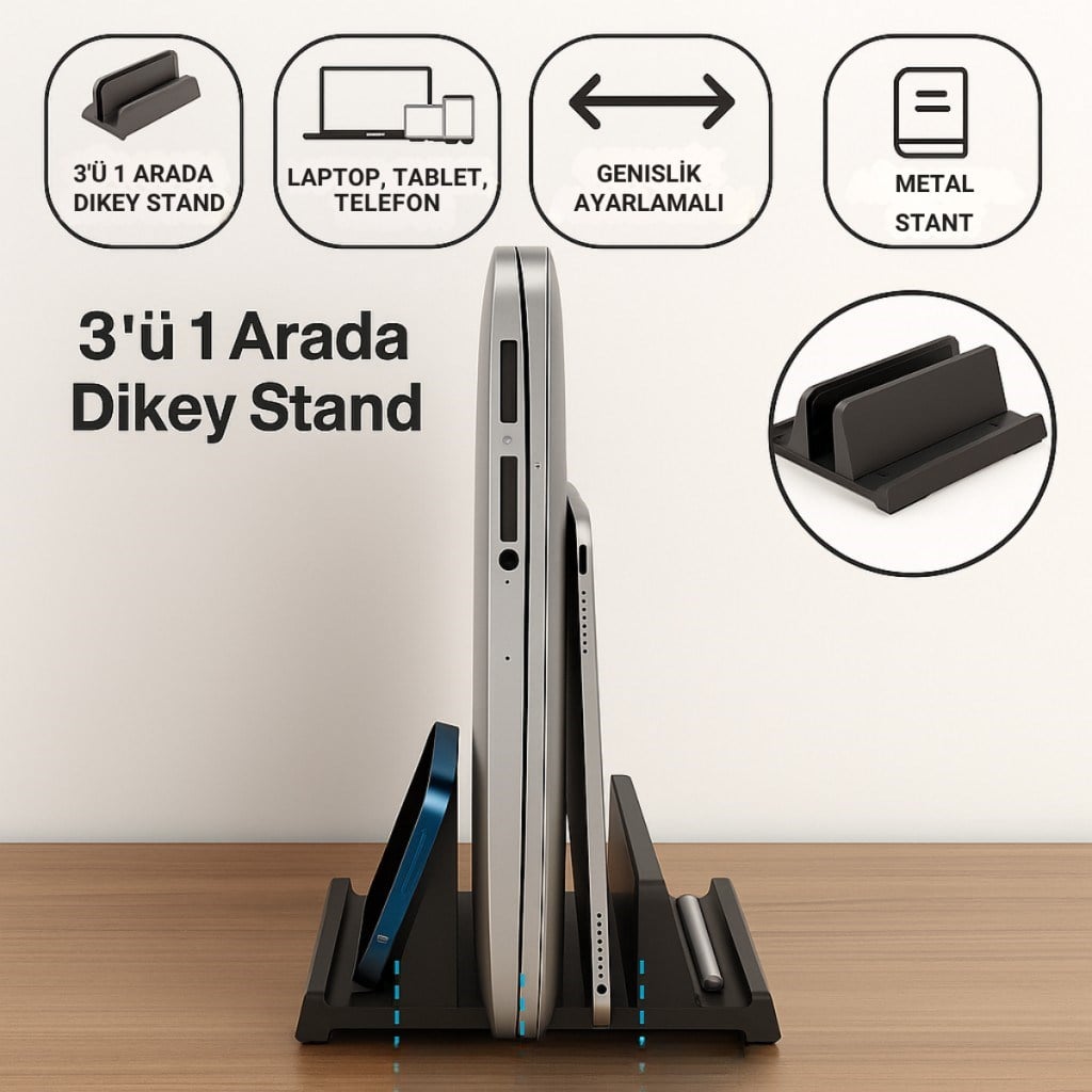 Polham 3in1 Arada Ayarlanabilir Metal Dikey Laptop Standı – Laptop, Tablet ve Telefon Tutucu,Ayarlanabilir Genişlikli