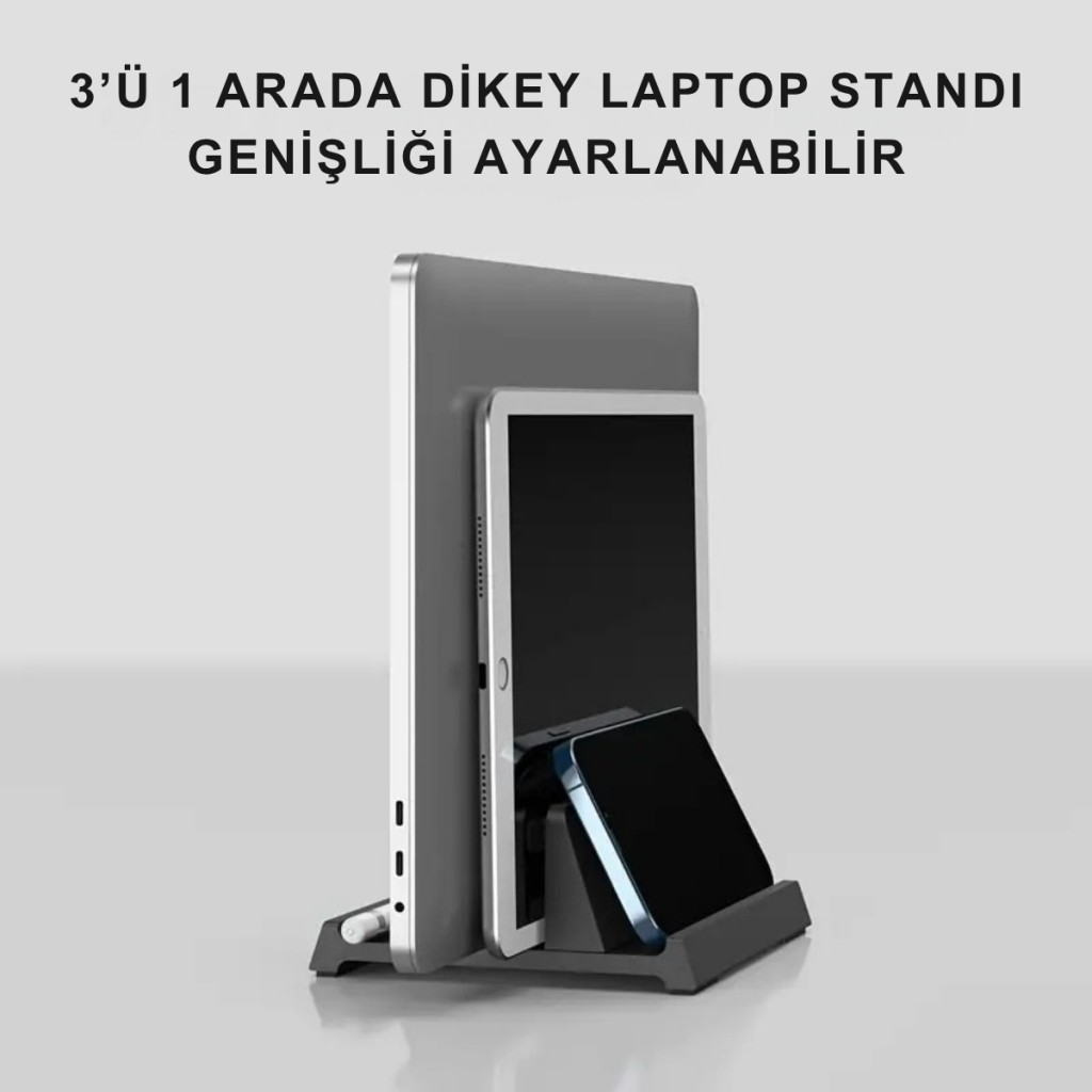 Polham 3in1 Arada Ayarlanabilir Metal Dikey Laptop Standı – Laptop, Tablet ve Telefon Tutucu,Ayarlanabilir Genişlikli