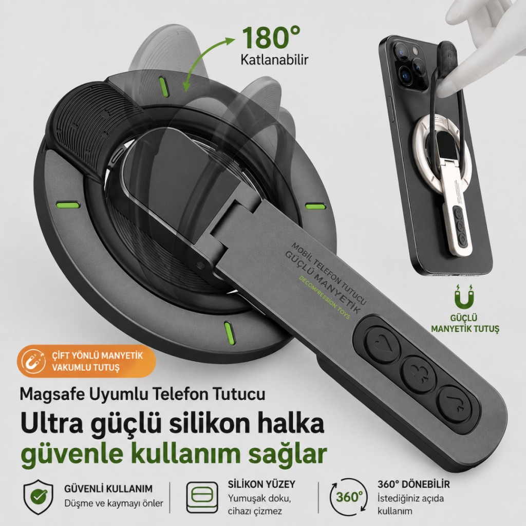 Polham 3in1 Manyetik Telefon Tutucu – 360° Döner Parmak Yüzük ve Ayarlanabilir Telefon Standı, Ful Metal Stand