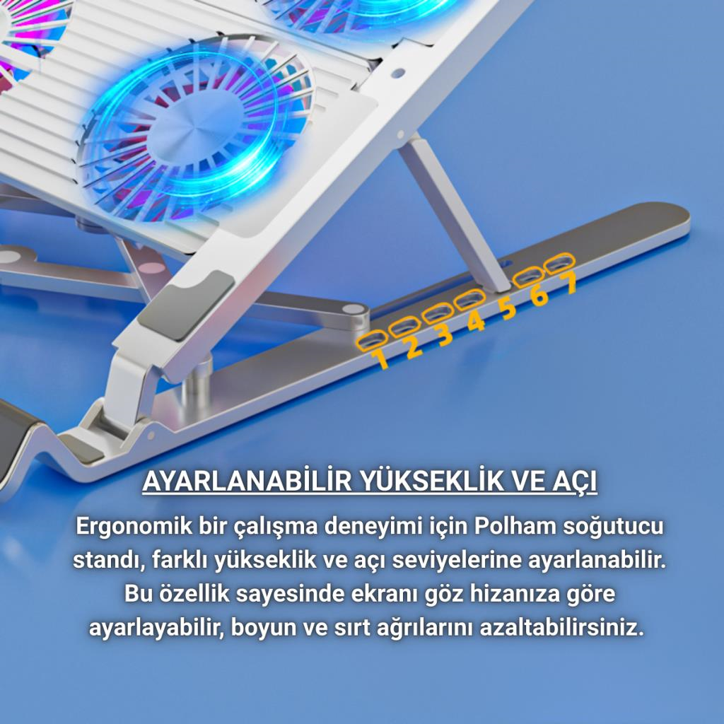 Polham 4 Fanlı RGB Işıklı Laptop Soğutucu Stand, 7 Kademeli Yükseklik Ayarlı Portatif Taşınabilir Stand