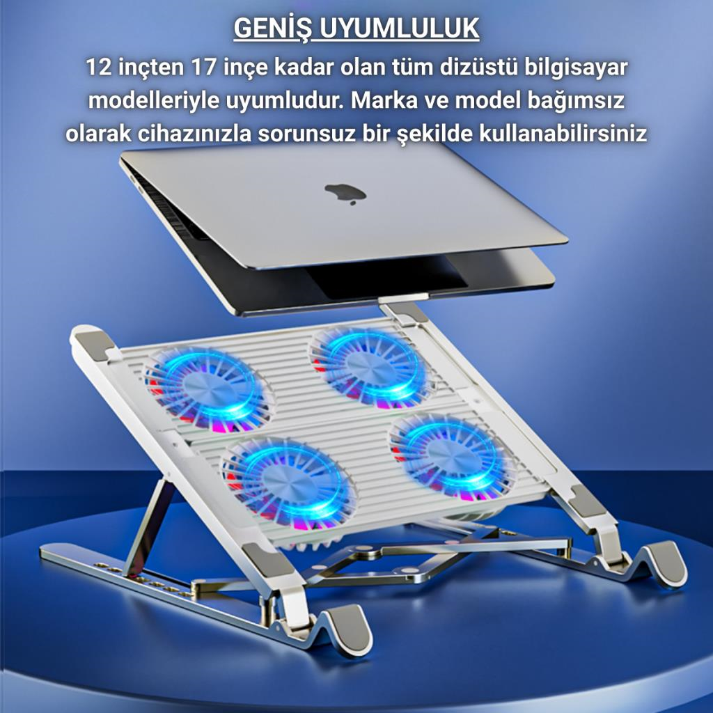 Polham 4 Fanlı RGB Işıklı Laptop Soğutucu Stand, 7 Kademeli Yükseklik Ayarlı Portatif Taşınabilir Stand