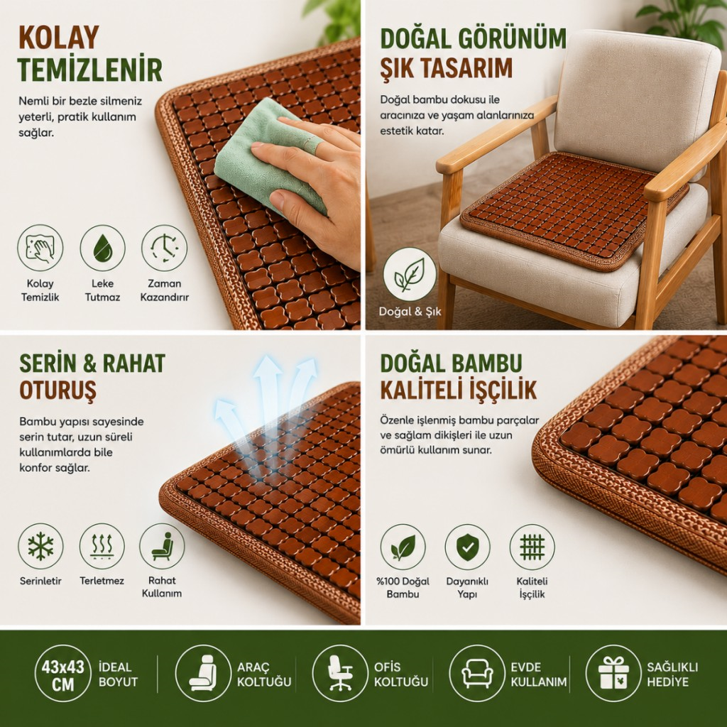 Polham 43x43 CM Terletmez Bambu Koltuk Minderi, Oto Koltuk, Ofis Koltuğu İçin Terlezmez Yapışmaz Minder