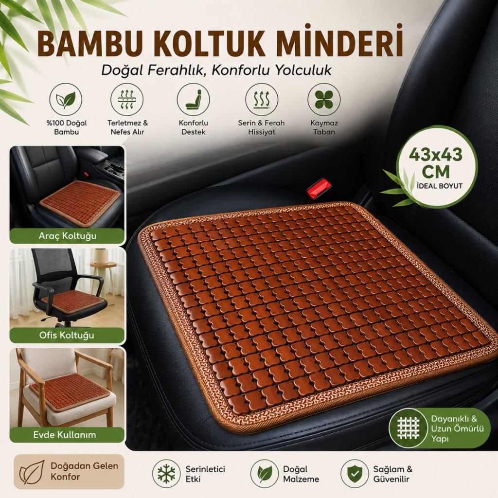 Polham 43x43 CM Terletmez Bambu Koltuk Minderi, Oto Koltuk, Ofis Koltuğu İçin Terlezmez Yapışmaz Minder