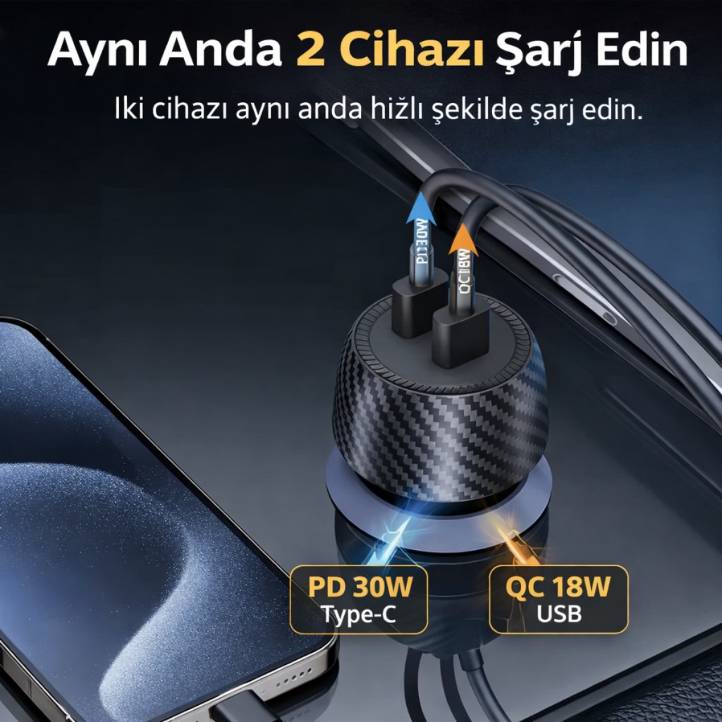 Polham 48W Süper Hızlı Type C ve USB Girişli Araç İçi Şarj Cihazı, PD 30W + QC 18W Çift Port 12V/24V