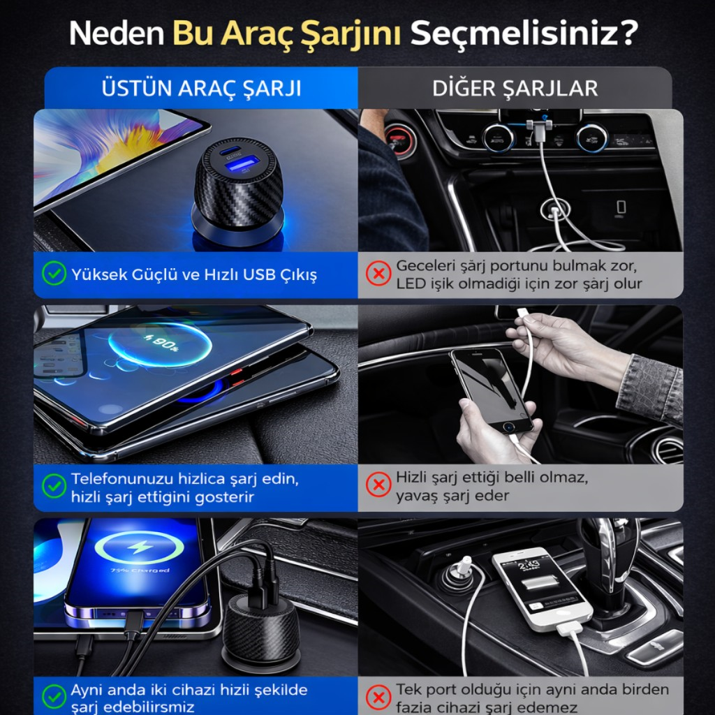 Polham 48W Süper Hızlı Type C ve USB Girişli Araç İçi Şarj Cihazı, PD 30W + QC 18W Çift Port 12V/24V