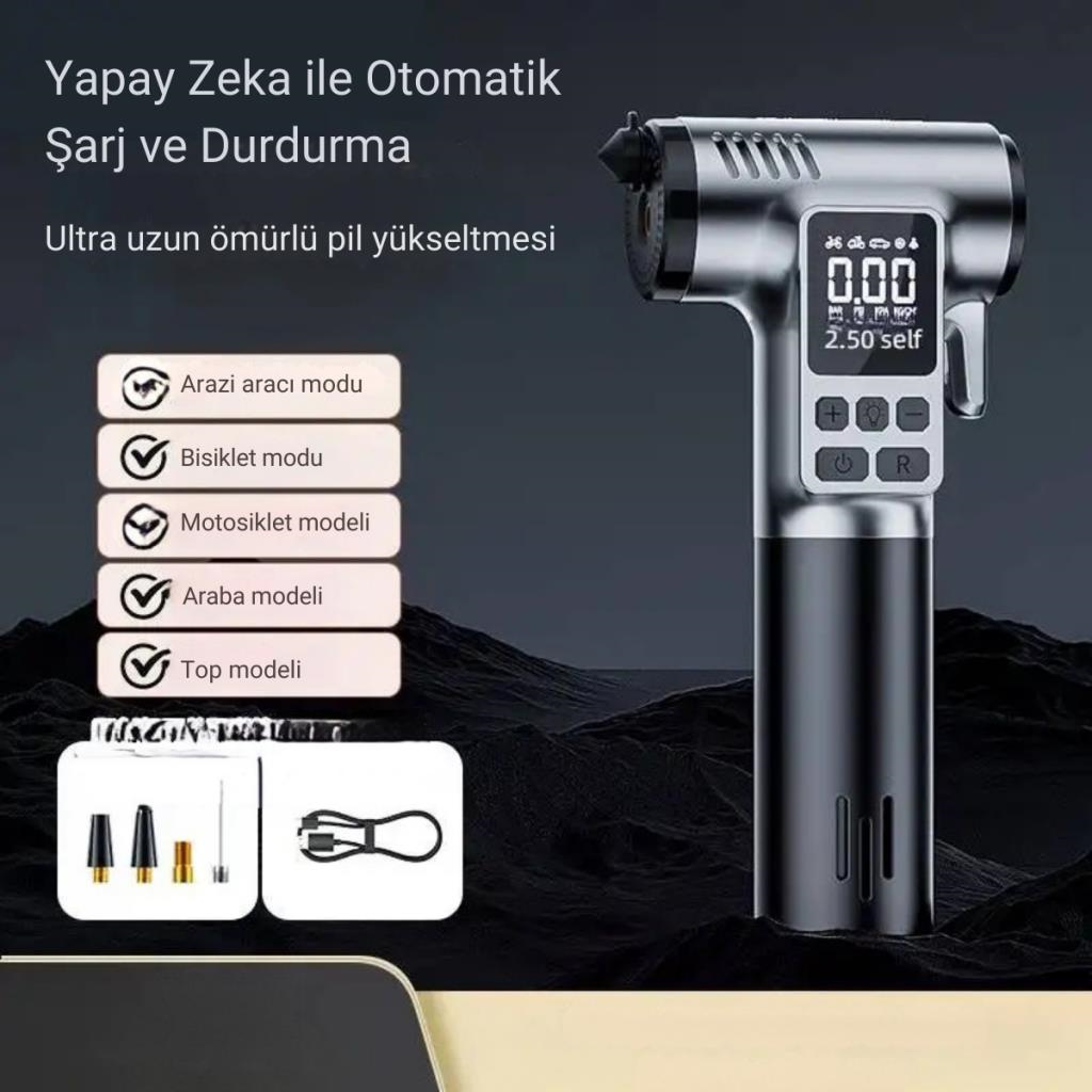 Polham 4in1 150PSİ 4000mAh Şarjlı Araç Lastik Şişirme Pompası, Cam Kırıcı, Kemer Kesici, Led Işıklı,Şarjlı Pompa