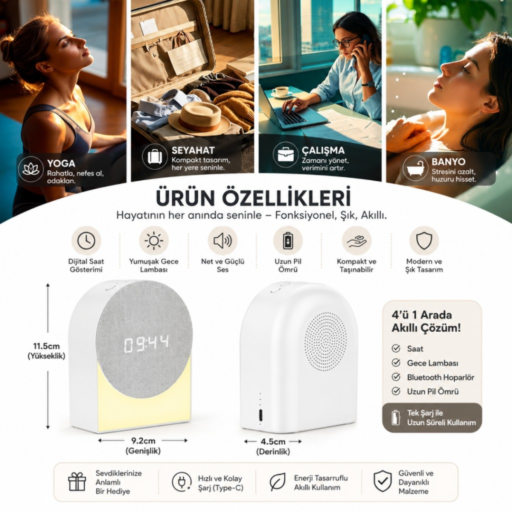 Polham 4in1 Arada Bluetooth Uyku Hoparlörü – Gece Lambası, Dijital Saat, Alarm ve Rahatlatıcı Uyku Sesleri