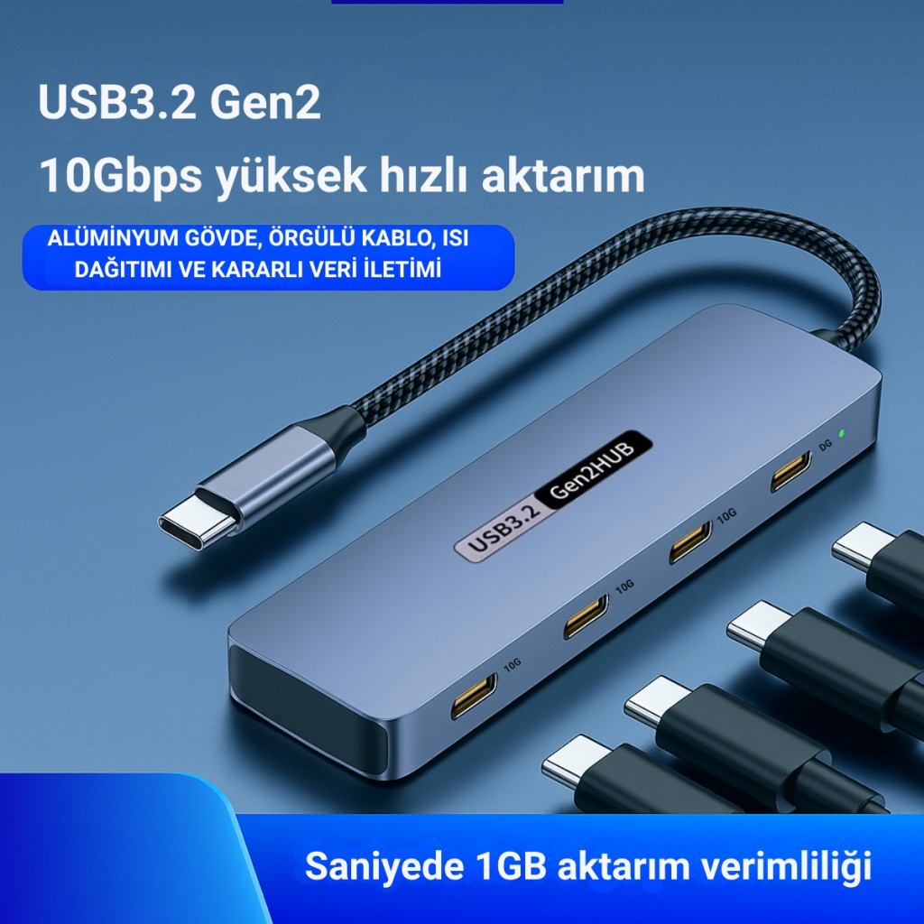 Polham 4in1 USB Type-C 4 Portlu USB 3.2 Gen 2 Hub ,10 Gbps Type C Çoğaltıcı, Tüm Sistemler İle Uyumlu