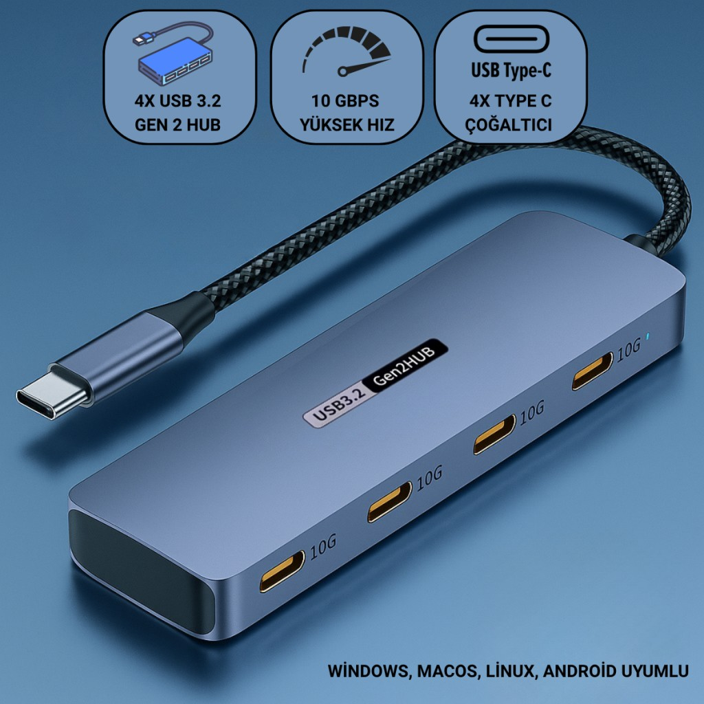 Polham 4in1 USB Type-C 4 Portlu USB 3.2 Gen 2 Hub ,10 Gbps Type C Çoğaltıcı, Tüm Sistemler İle Uyumlu