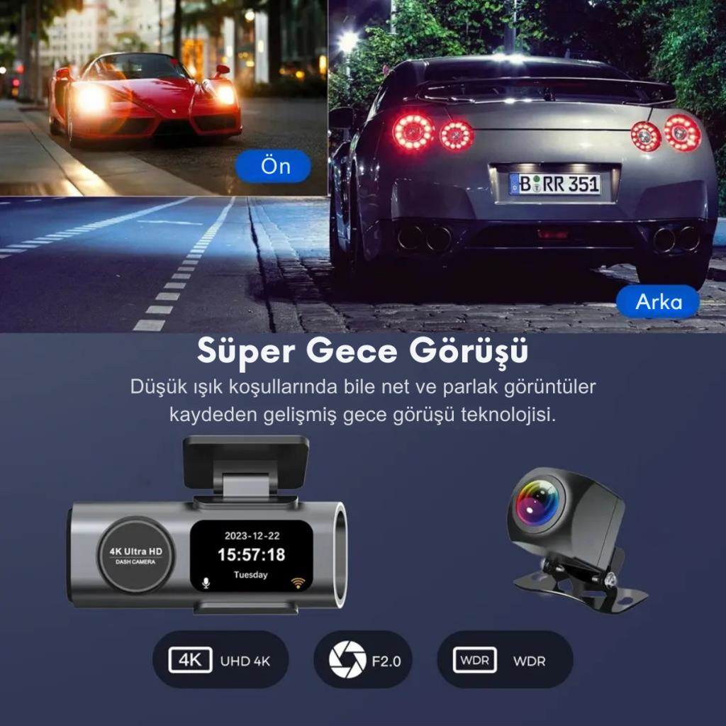 Polham 4K Ön ve Arka Kameralı Araç Kamerası, Wifi, Dahili GPS, G Sensörlü,Gece Görüşlü Araç Kamerası
