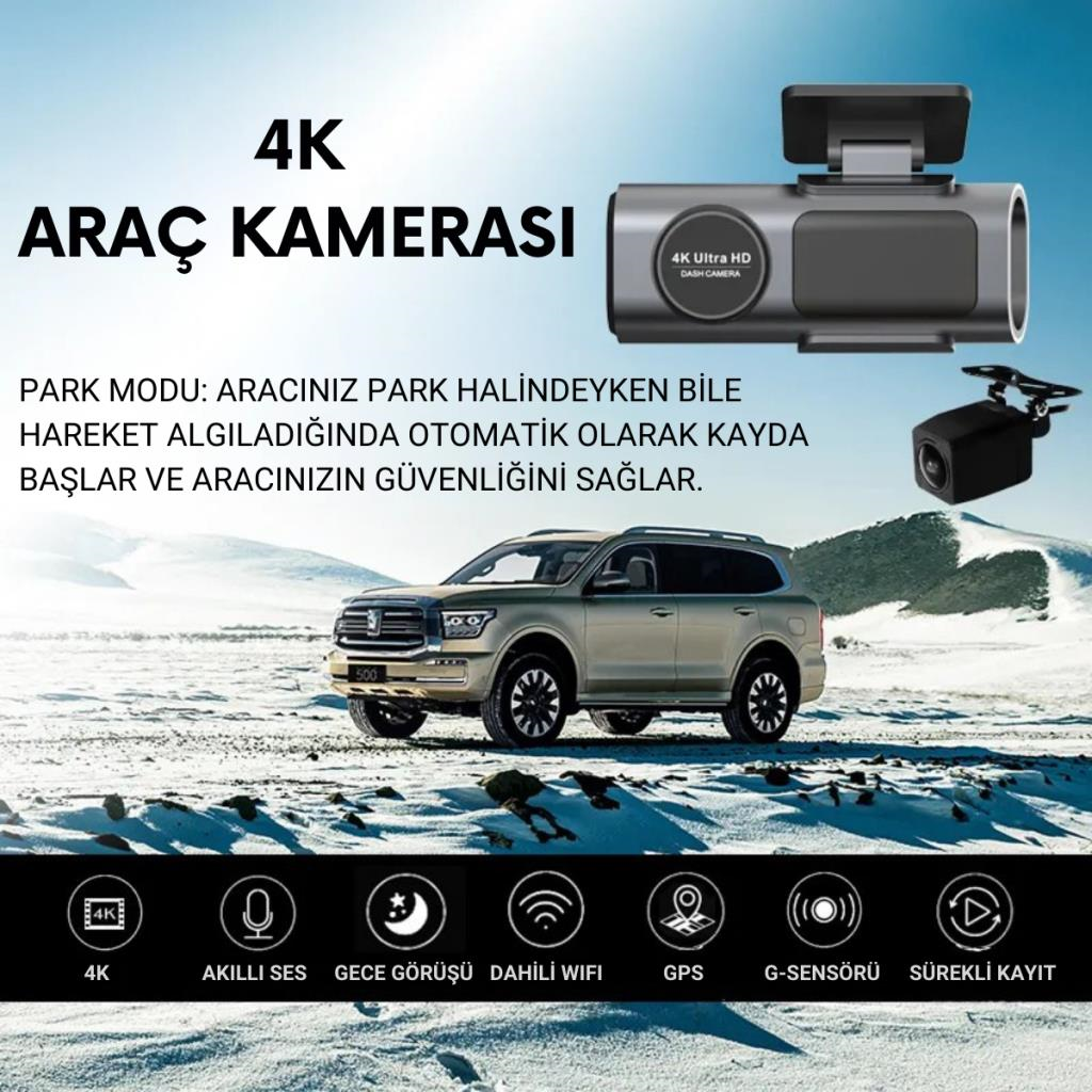 Polham 4K Ön ve Arka Kameralı Araç Kamerası, Wifi, Dahili GPS, G Sensörlü,Gece Görüşlü Araç Kamerası