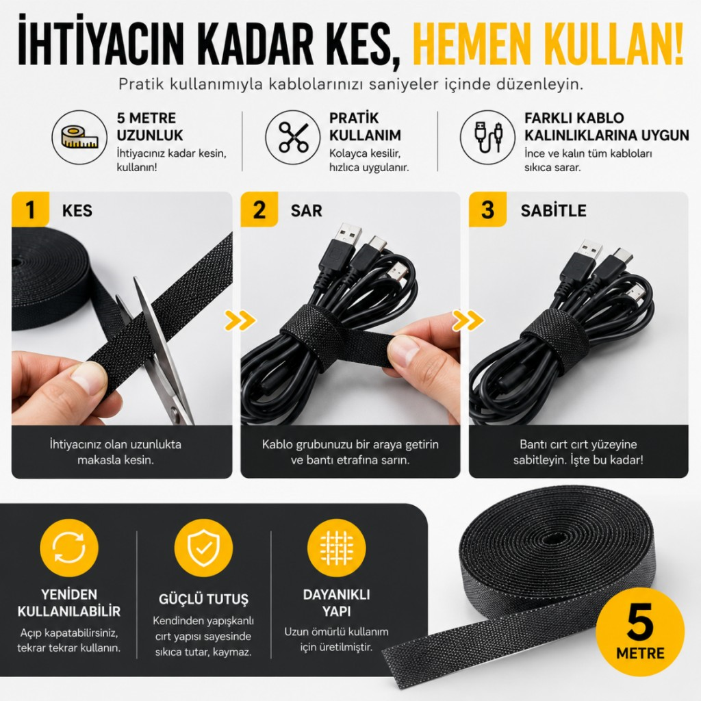 Polham 5 Metre Cırt Cırt Bantlı Kablo Sarıcı Düzenleyici Organizatör – Kesilebilir, Yeniden Kullanılabilir