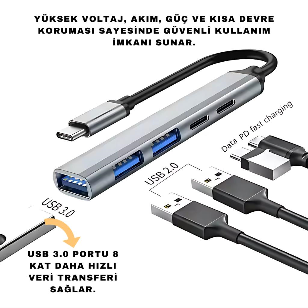 Polham 5in1 Type C To 3x USB, 2x PD Type C Çoğaltıcı Çevirici HUB, Klavye, Mouse,USB Okuyucu Adaptör