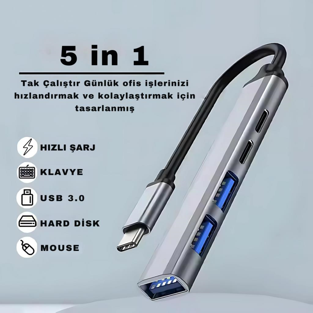 Polham 5in1 Type C To 3x USB, 2x PD Type C Çoğaltıcı Çevirici HUB, Klavye, Mouse,USB Okuyucu Adaptör