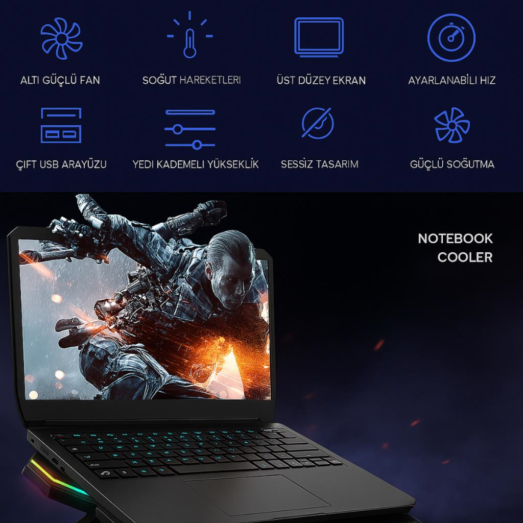 Polham 6 Fanlı RGB Işıklı Dijital Ekranlı Laptop Soğutucu Stand, 7 Kademeli Yükseklik Ayarlı Süper Soğutucu Stand
