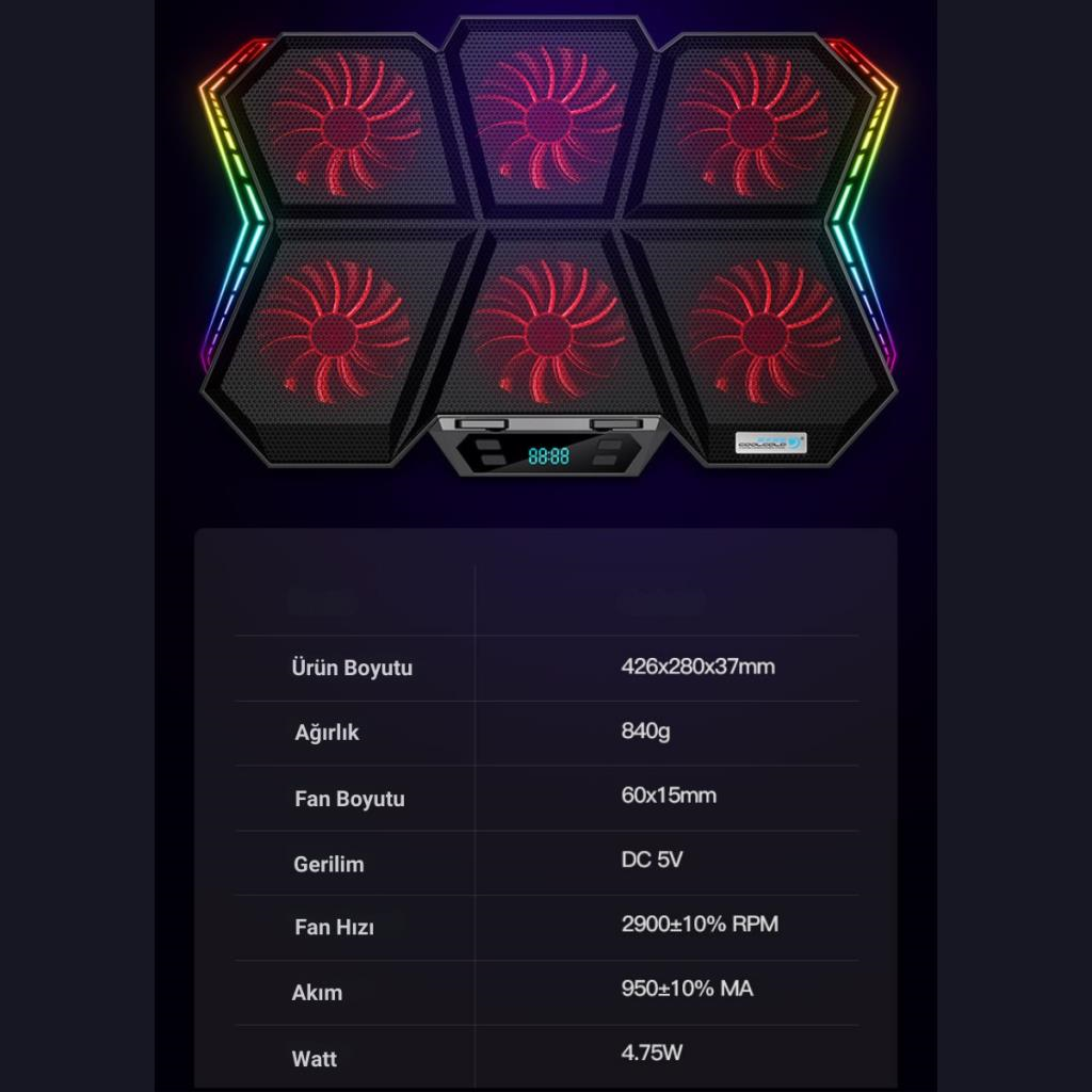 Polham 6 Fanlı RGB Işıklı Dijital Ekranlı Laptop Soğutucu Stand, 7 Kademeli Yükseklik Ayarlı Süper Soğutucu Stand