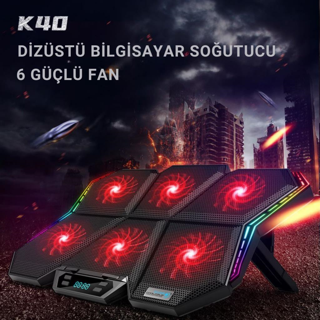 Polham 6 Fanlı RGB Işıklı Dijital Ekranlı Laptop Soğutucu Stand, 7 Kademeli Yükseklik Ayarlı Süper Soğutucu Stand