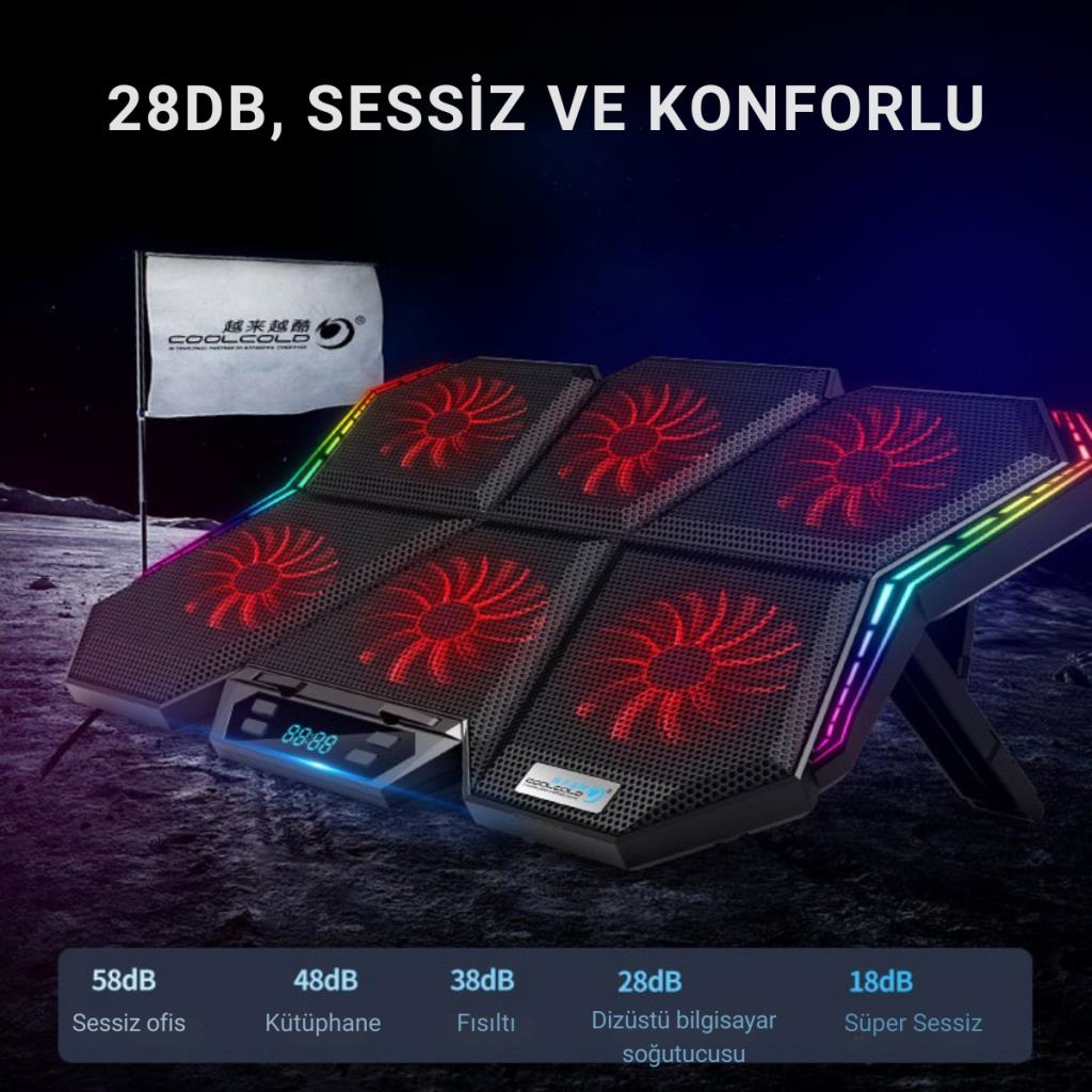 Polham 6 Fanlı RGB Işıklı Dijital Ekranlı Laptop Soğutucu Stand, 7 Kademeli Yükseklik Ayarlı Süper Soğutucu Stand